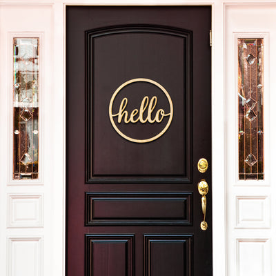 Circle Hello Script Wood Cut Sign