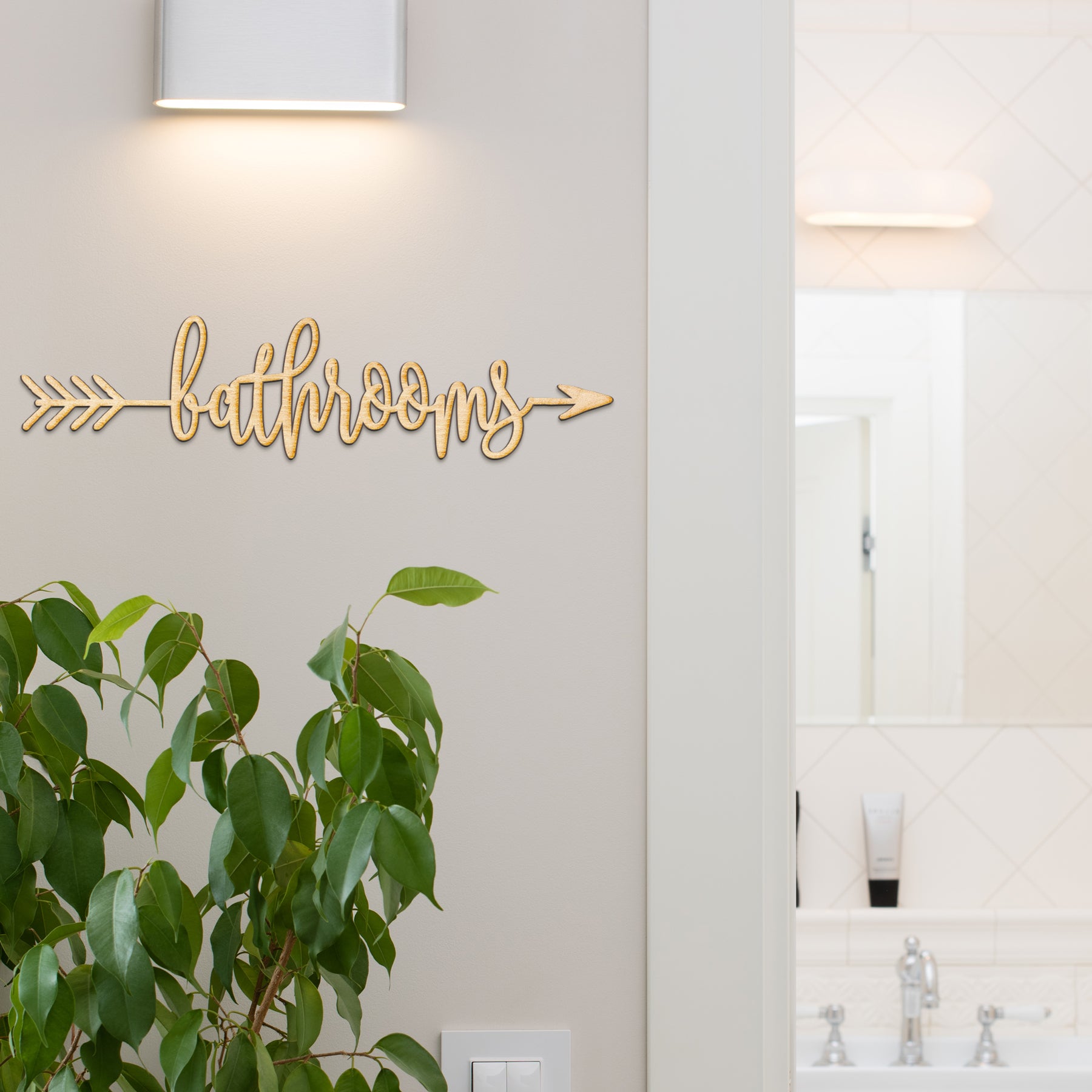 Bathrooms Arrow Wood Sign