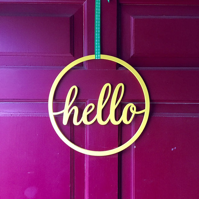 Circle Hello Script Wood Cut Sign