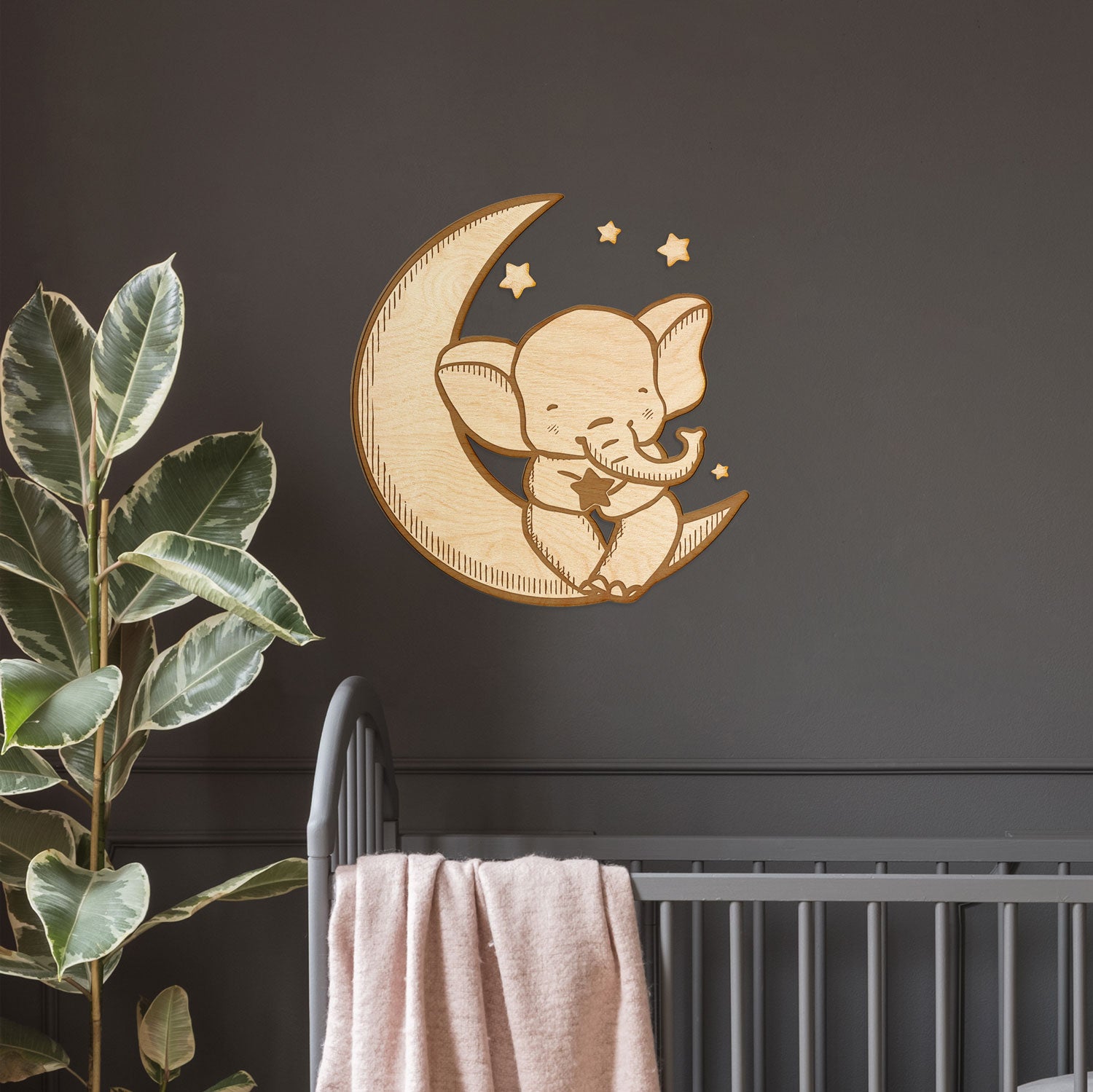 Elephant Stars and Moon Engraved Wood Sign