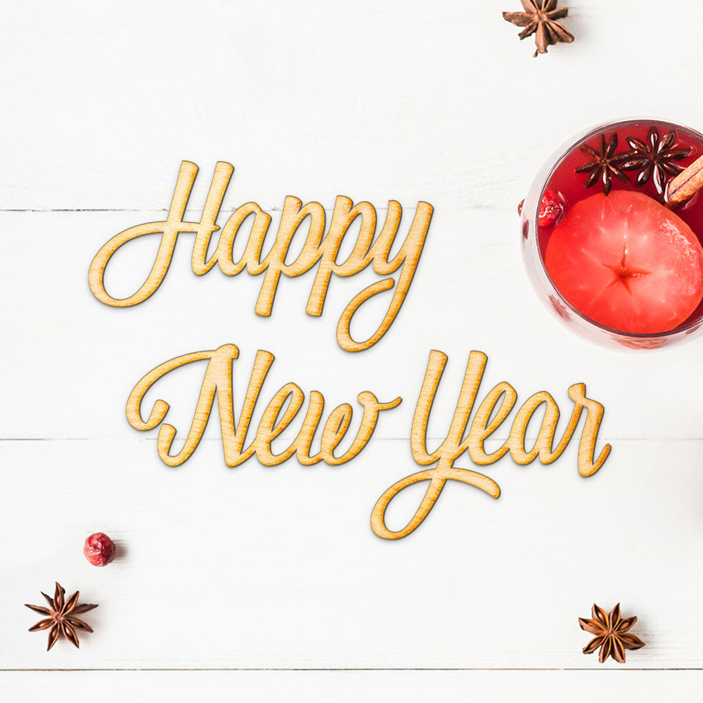 Happy New Year Brush Script Wood Sign