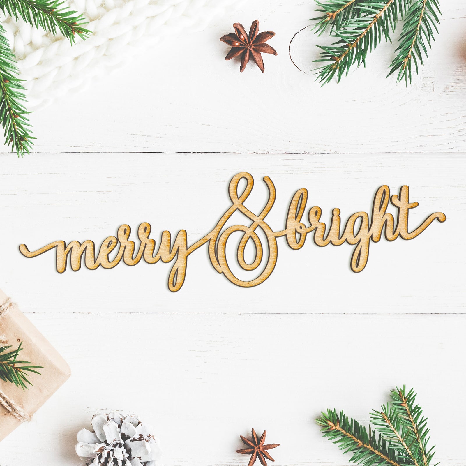 Merry & Bright Charlie Script Wood Cut Sign