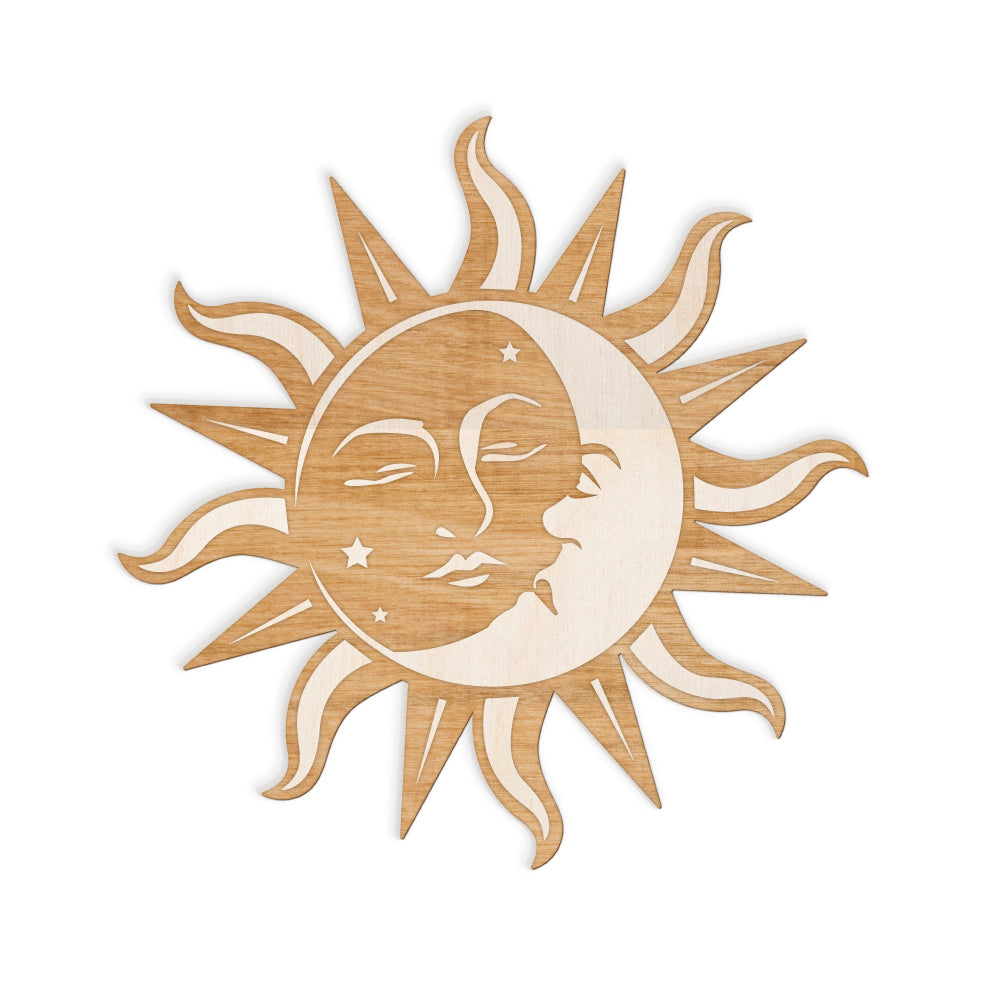 Sun Moon Face Engraved Cut Wood Sign