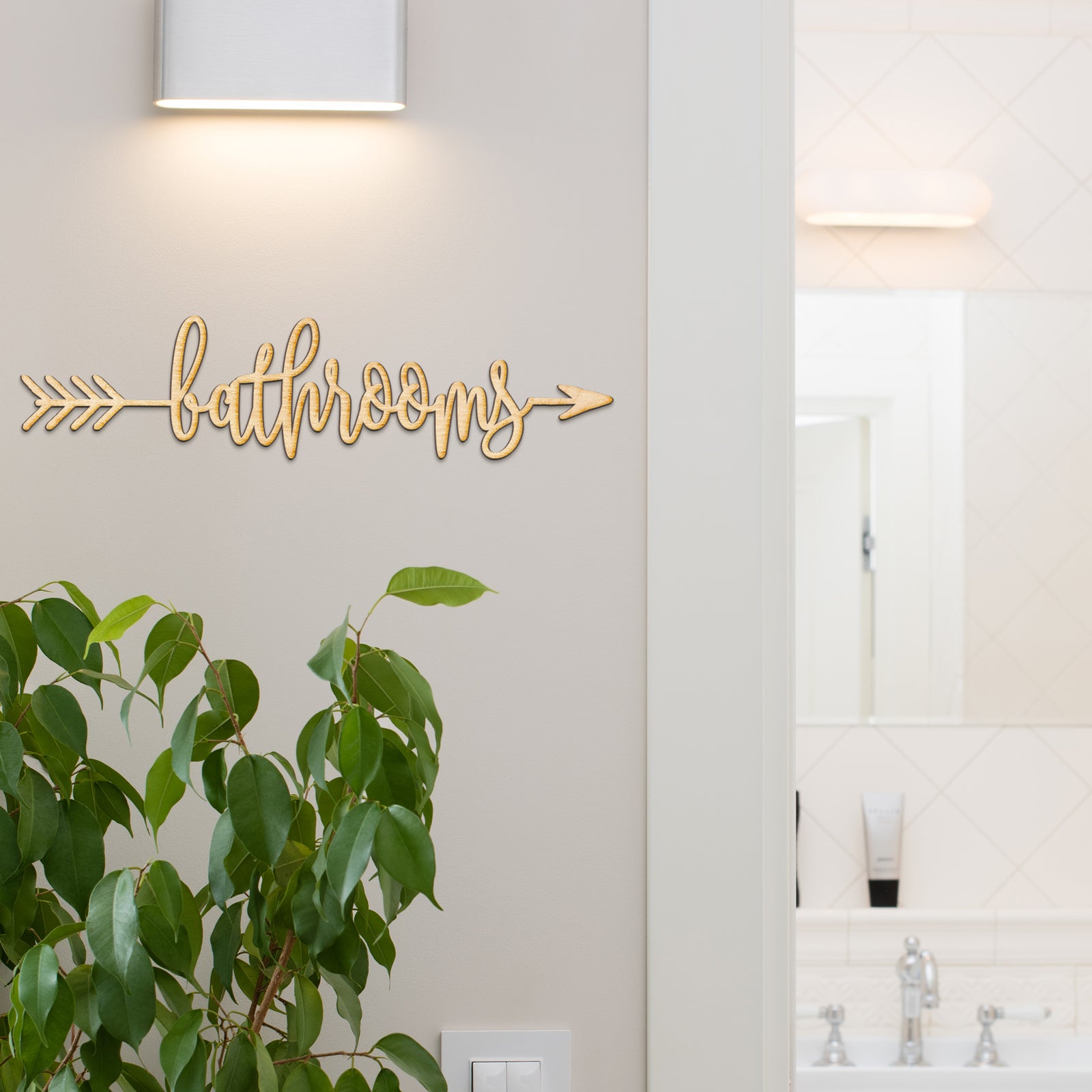 Bathrooms Arrow Wood Sign