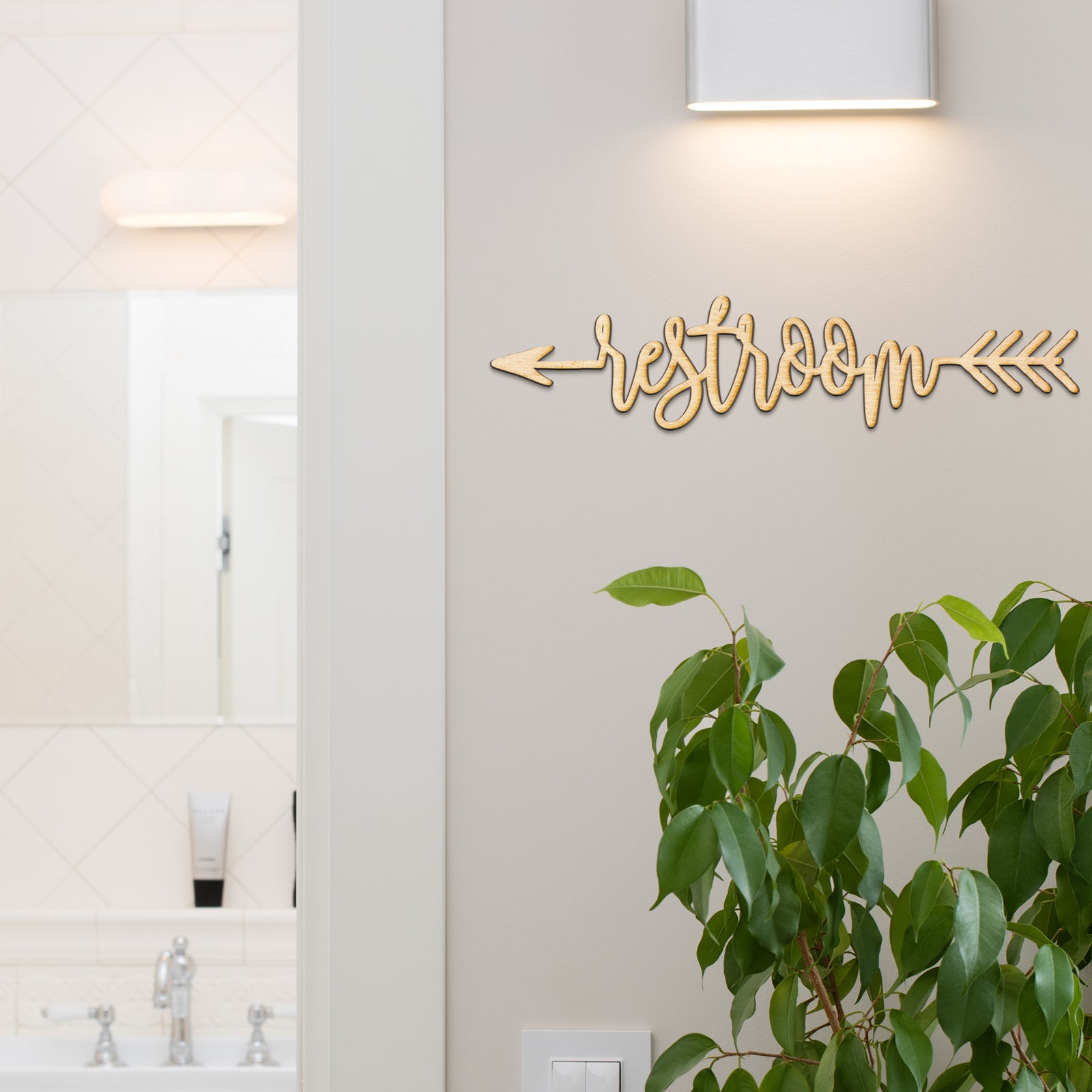 Restroom Arrow Wood Sign